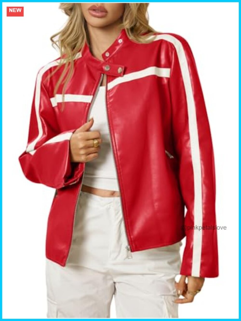 Faux Leather Bomber Jacket Zip Up Color Block Moto Biker Racing Coat